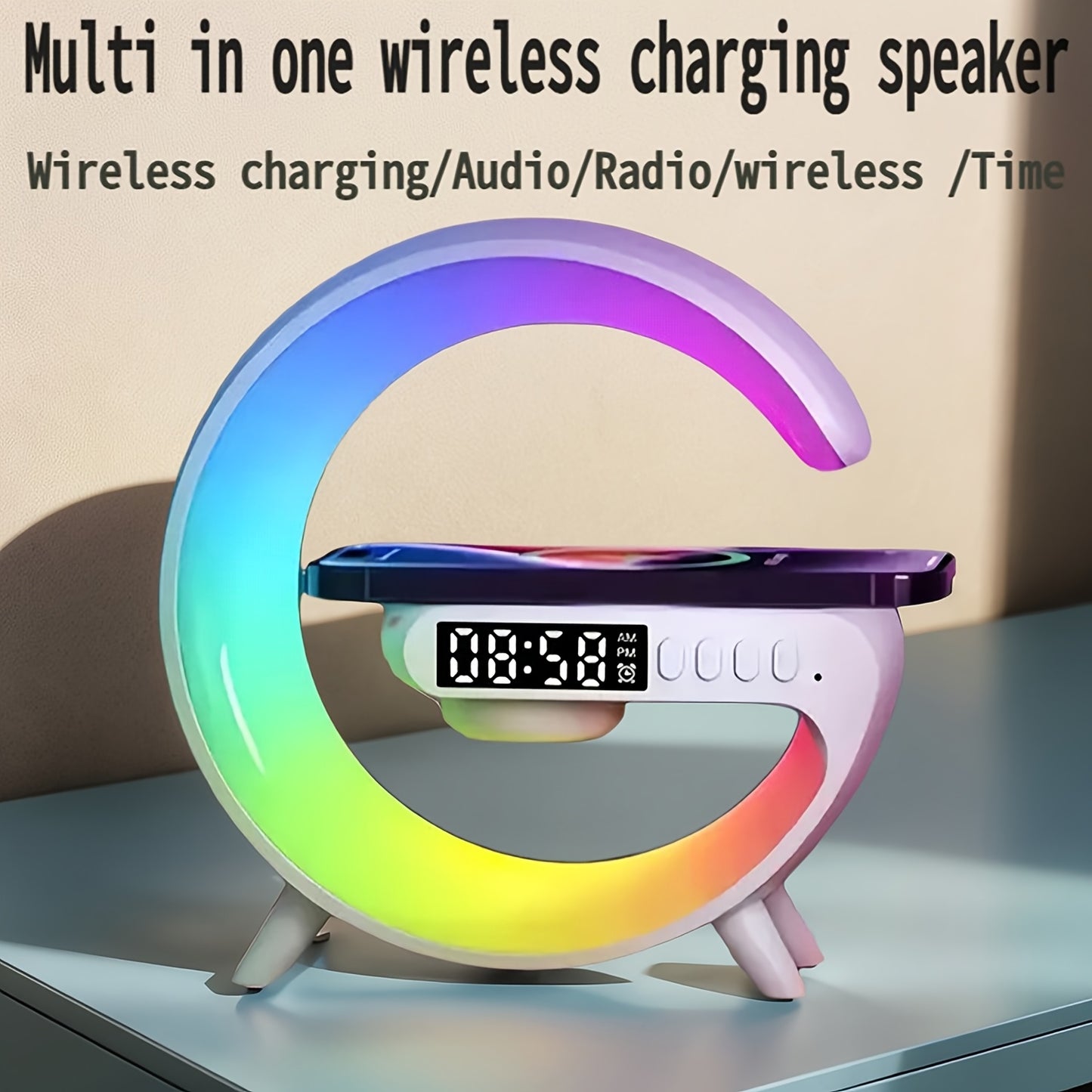 Smart Alarm Clock with Wireless Charging, Wireless Speaker & Ambient Table Lamp - White Noise Sleep Aid with USB Port