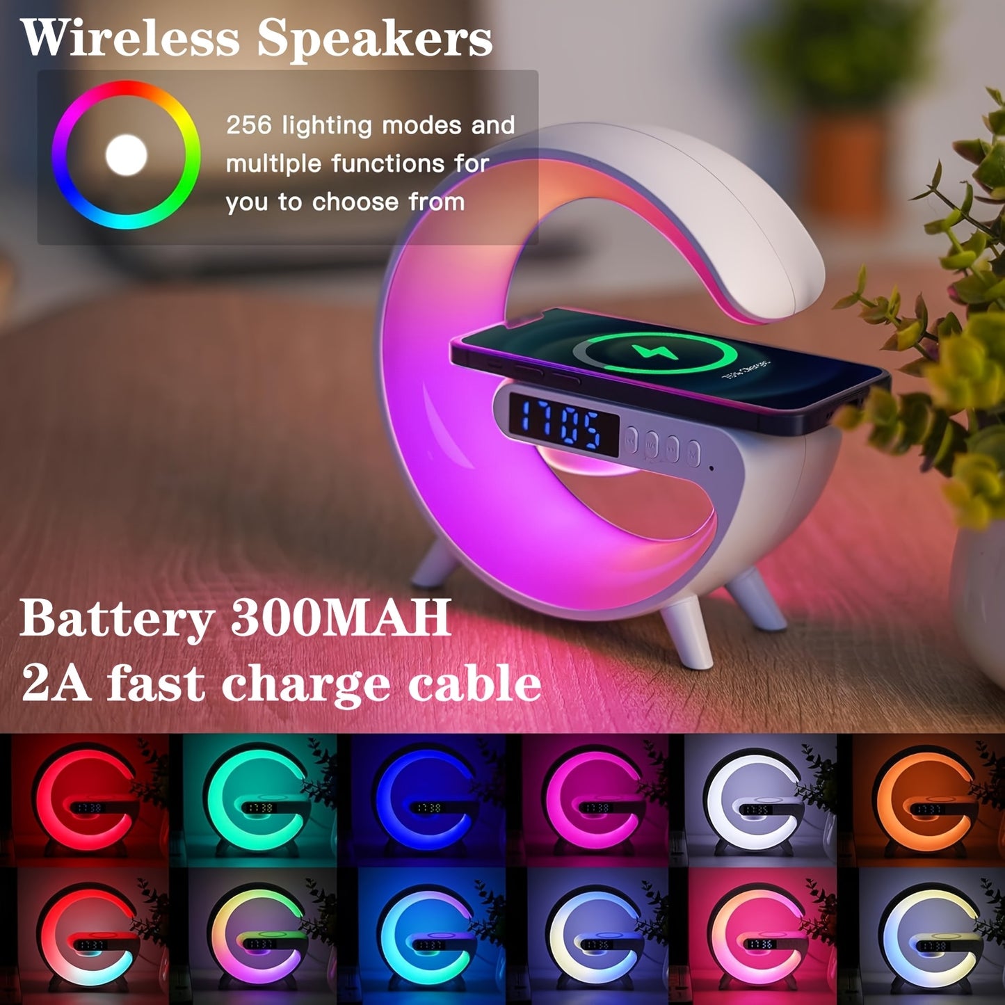 Smart Alarm Clock with Wireless Charging, Wireless Speaker & Ambient Table Lamp - White Noise Sleep Aid with USB Port