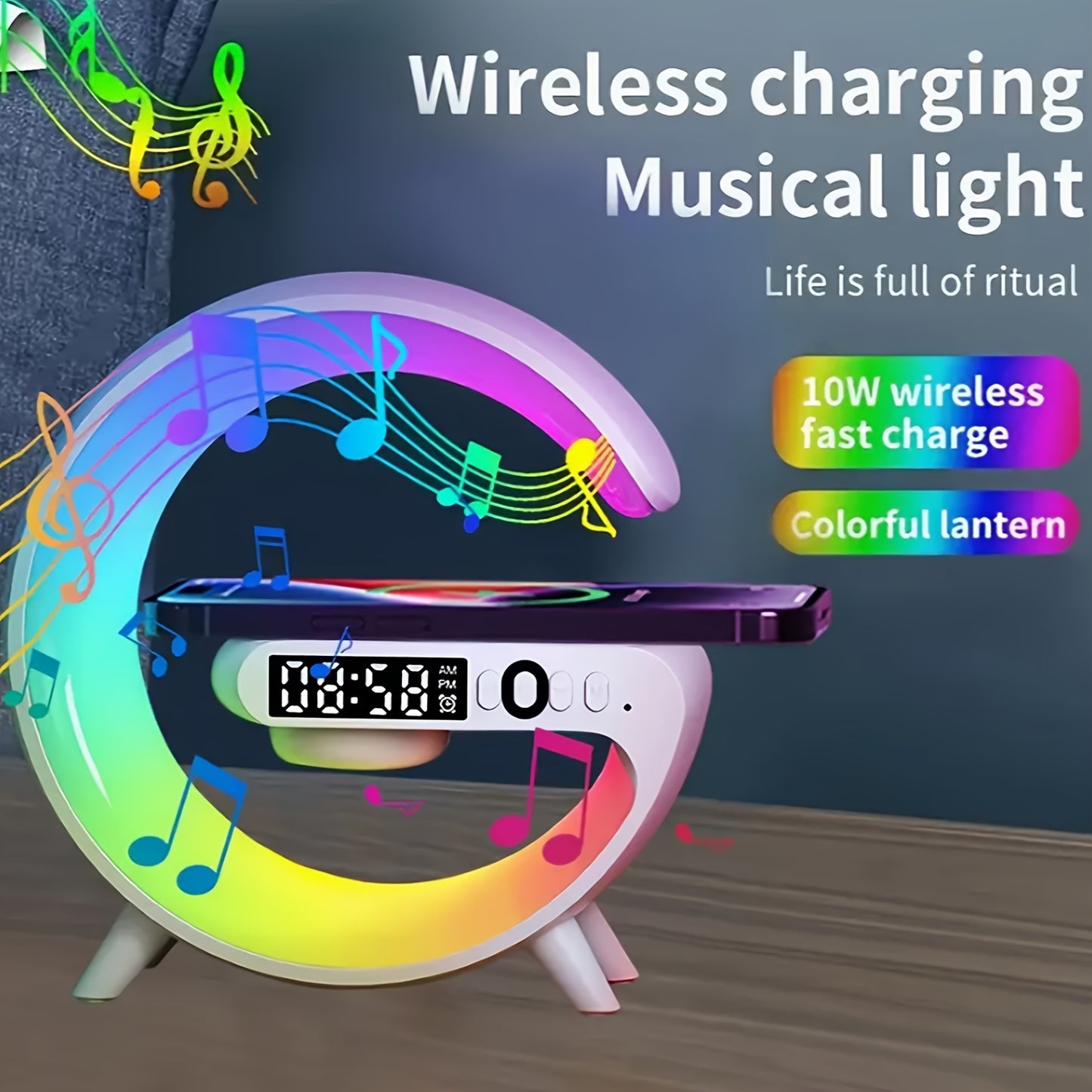 Smart Alarm Clock with Wireless Charging, Wireless Speaker & Ambient Table Lamp - White Noise Sleep Aid with USB Port